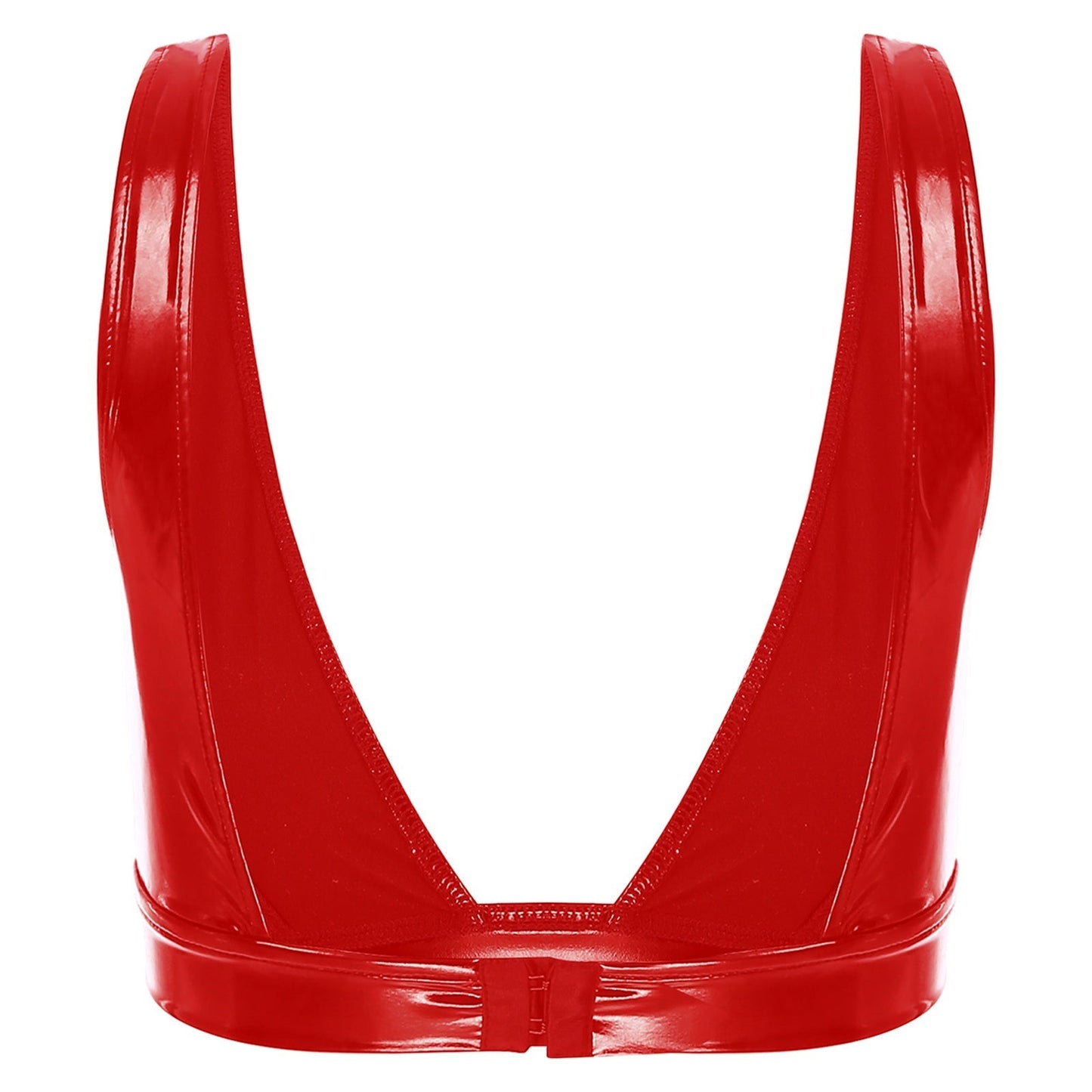 A deep-cut bra fastened at the back.