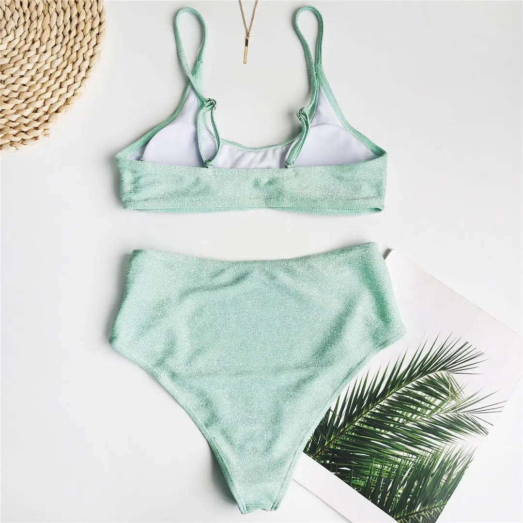 Two-piece swimsuit with high-waisted bottoms