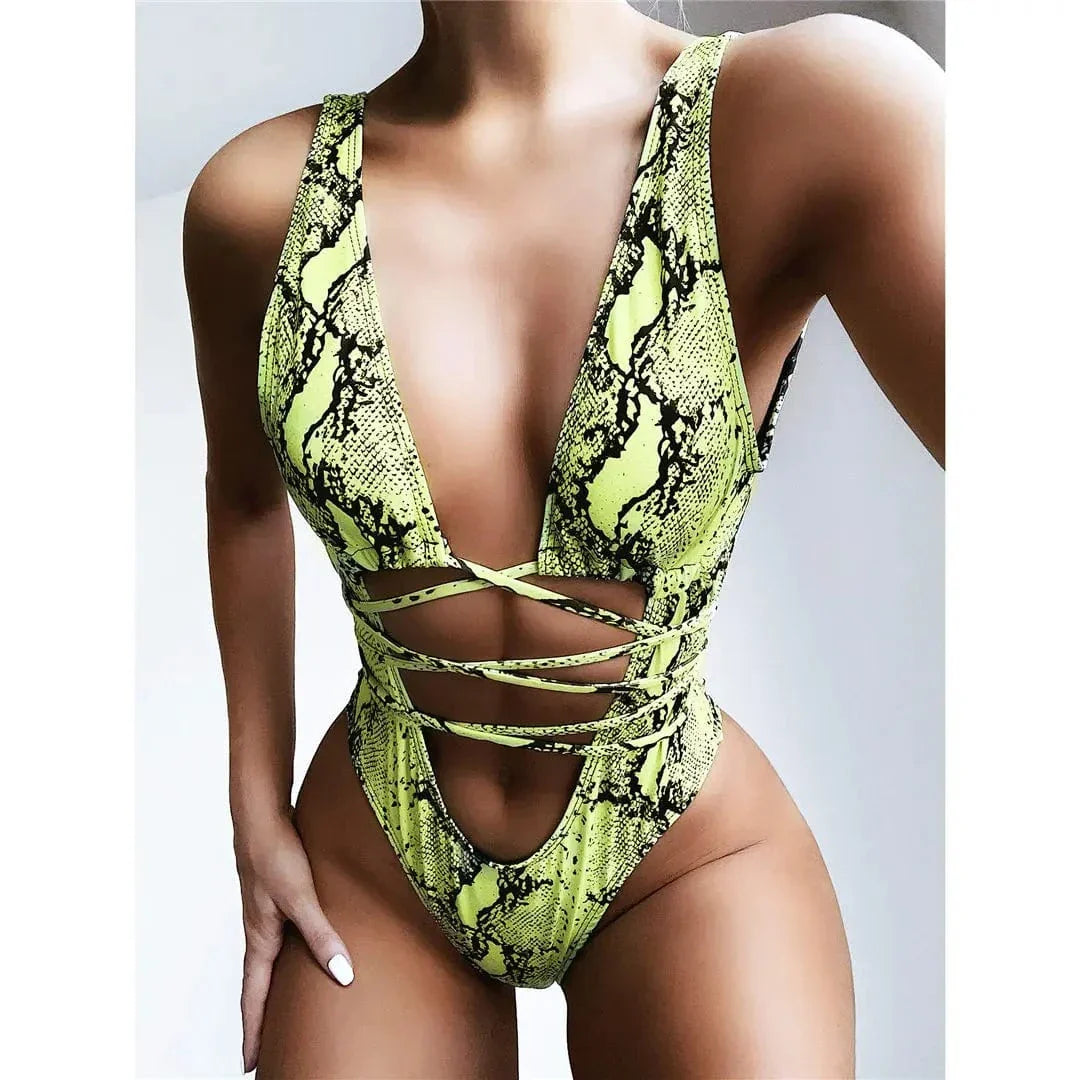 One-piece swimsuit with a front tie.