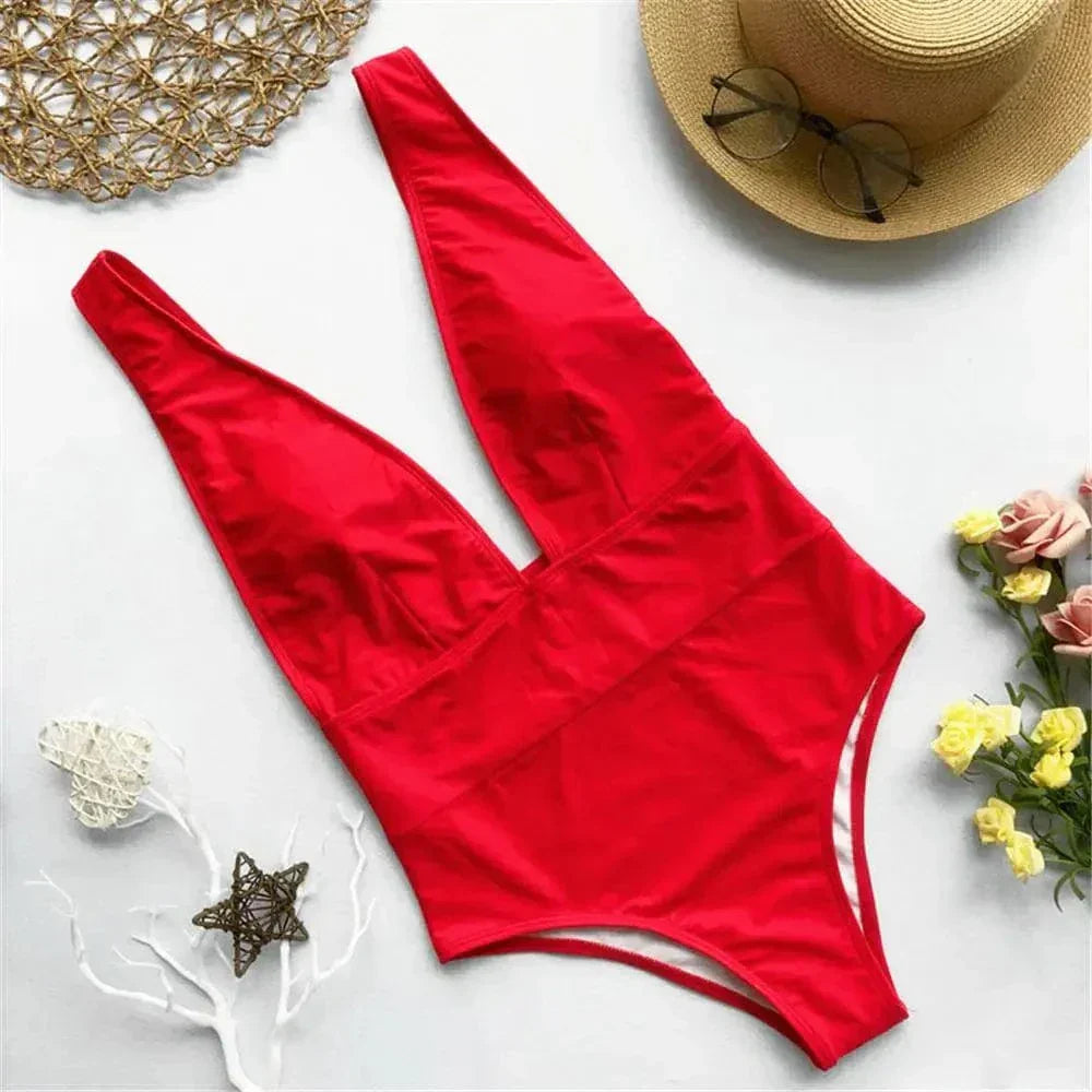 One-piece swimsuit with a deep-cut neckline