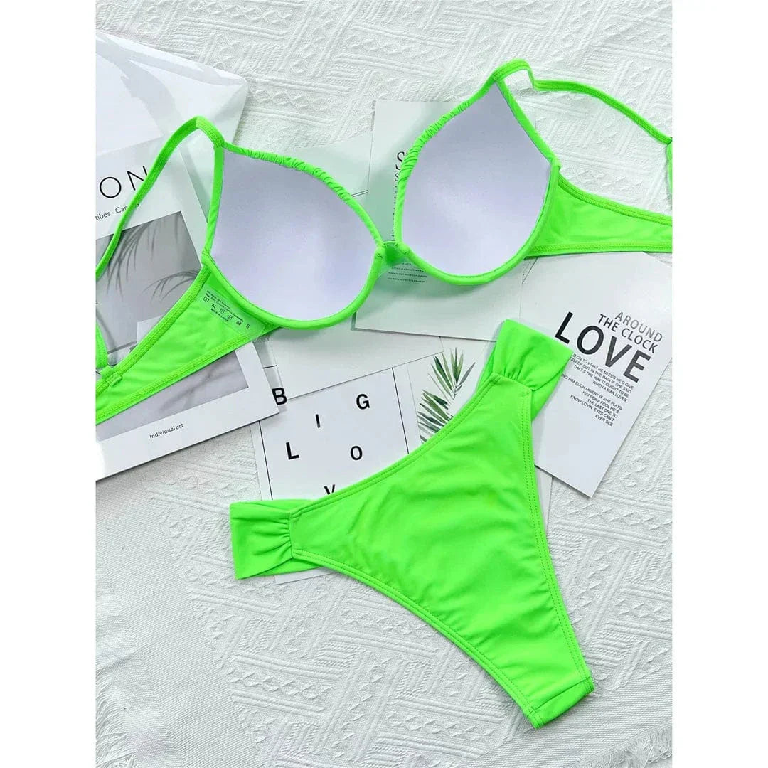 Two-piece swimsuit with gathered fabric