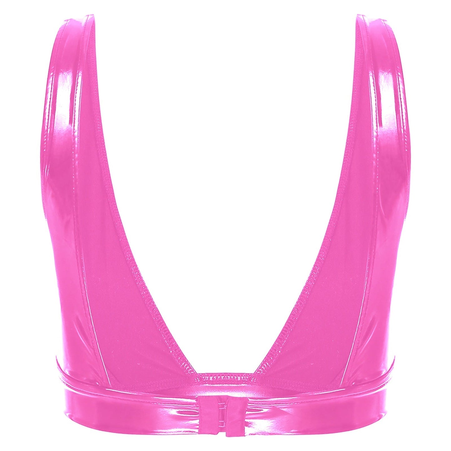 A deep-cut bra fastened at the back.