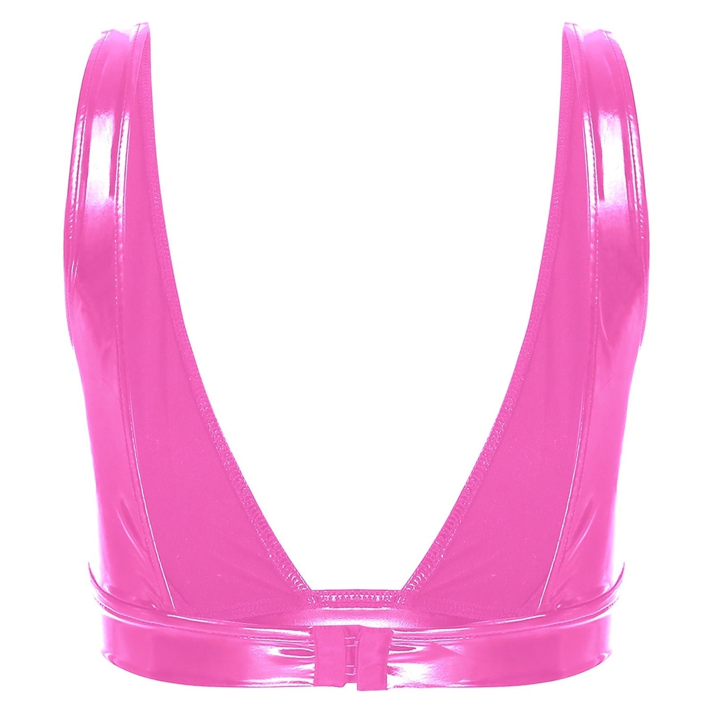 A deep-cut bra fastened at the back.