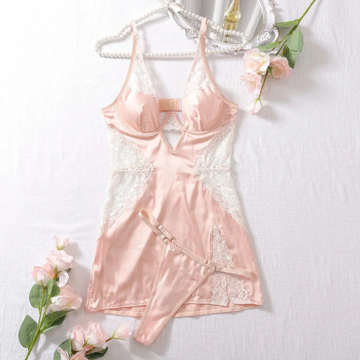 Satin nightdress with lace inserts