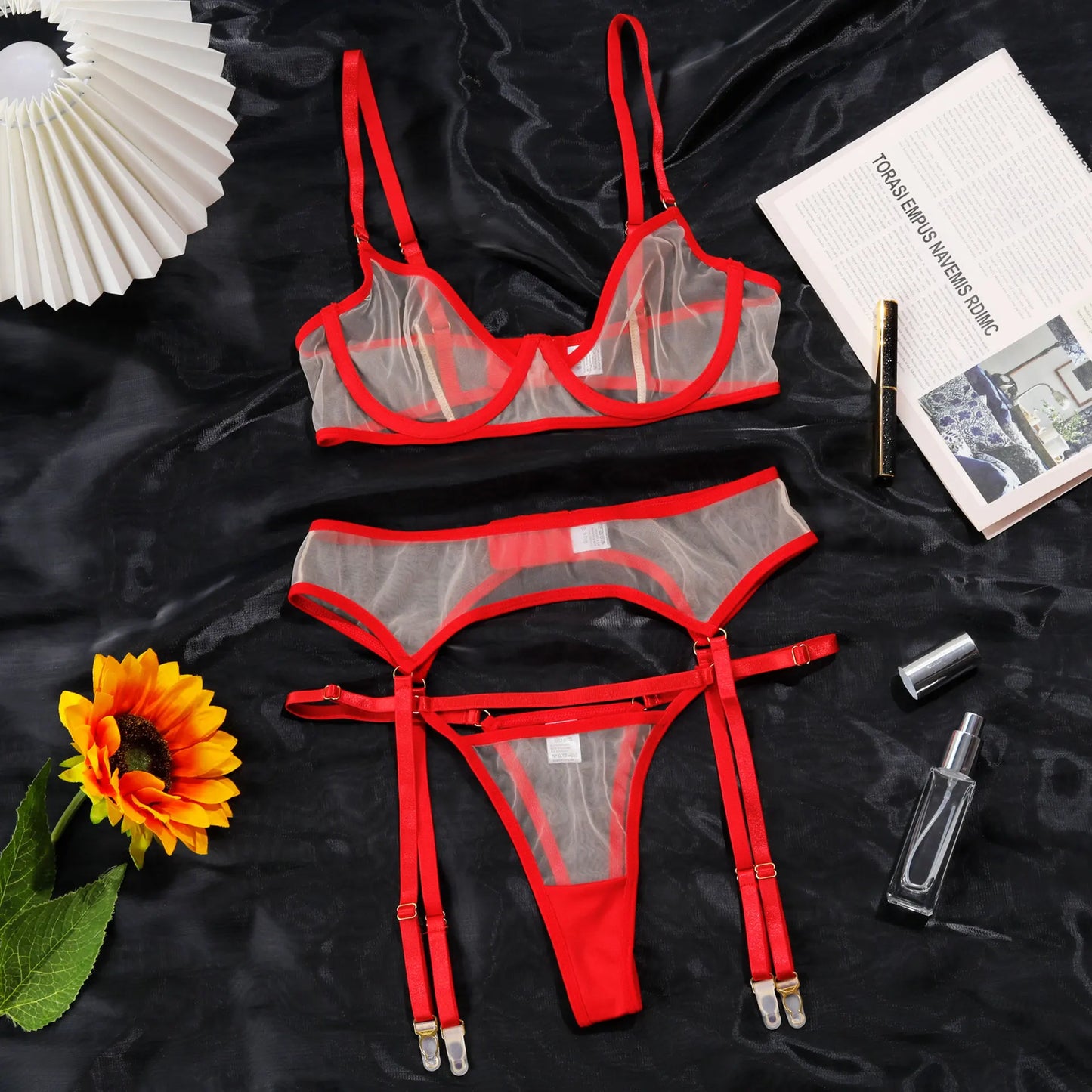 Sheer lingerie set made of mesh material