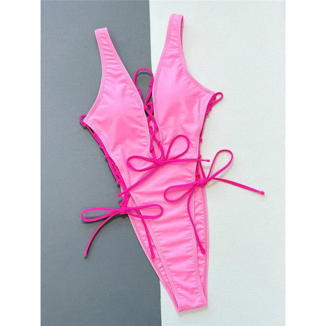 One-piece swimsuit with a deep neckline