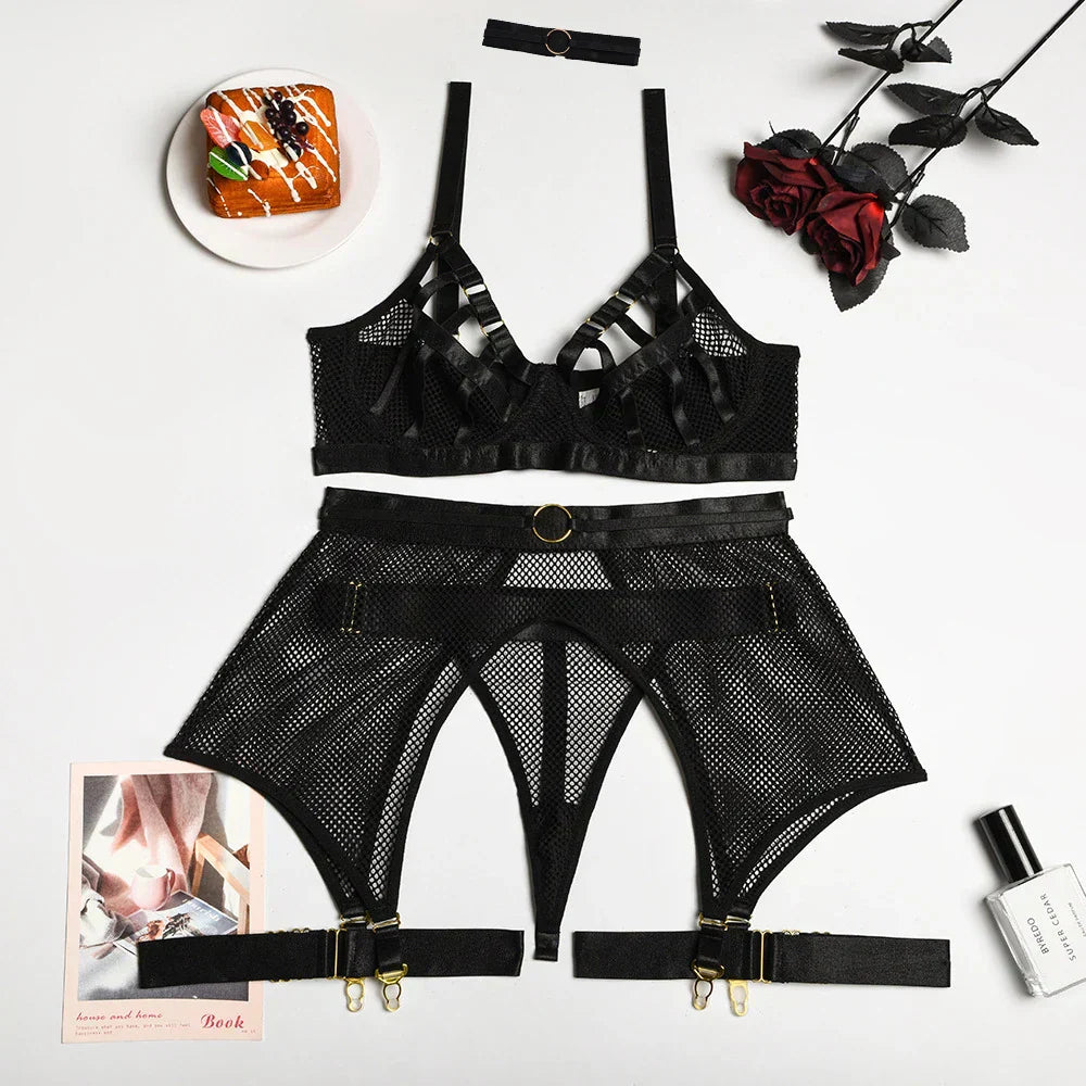 Lingerie set with mesh cut-outs