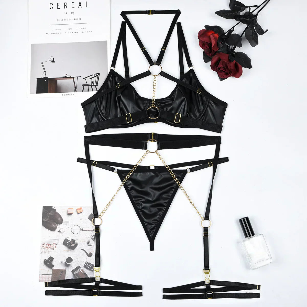 Leather lingerie set with adjustable elements