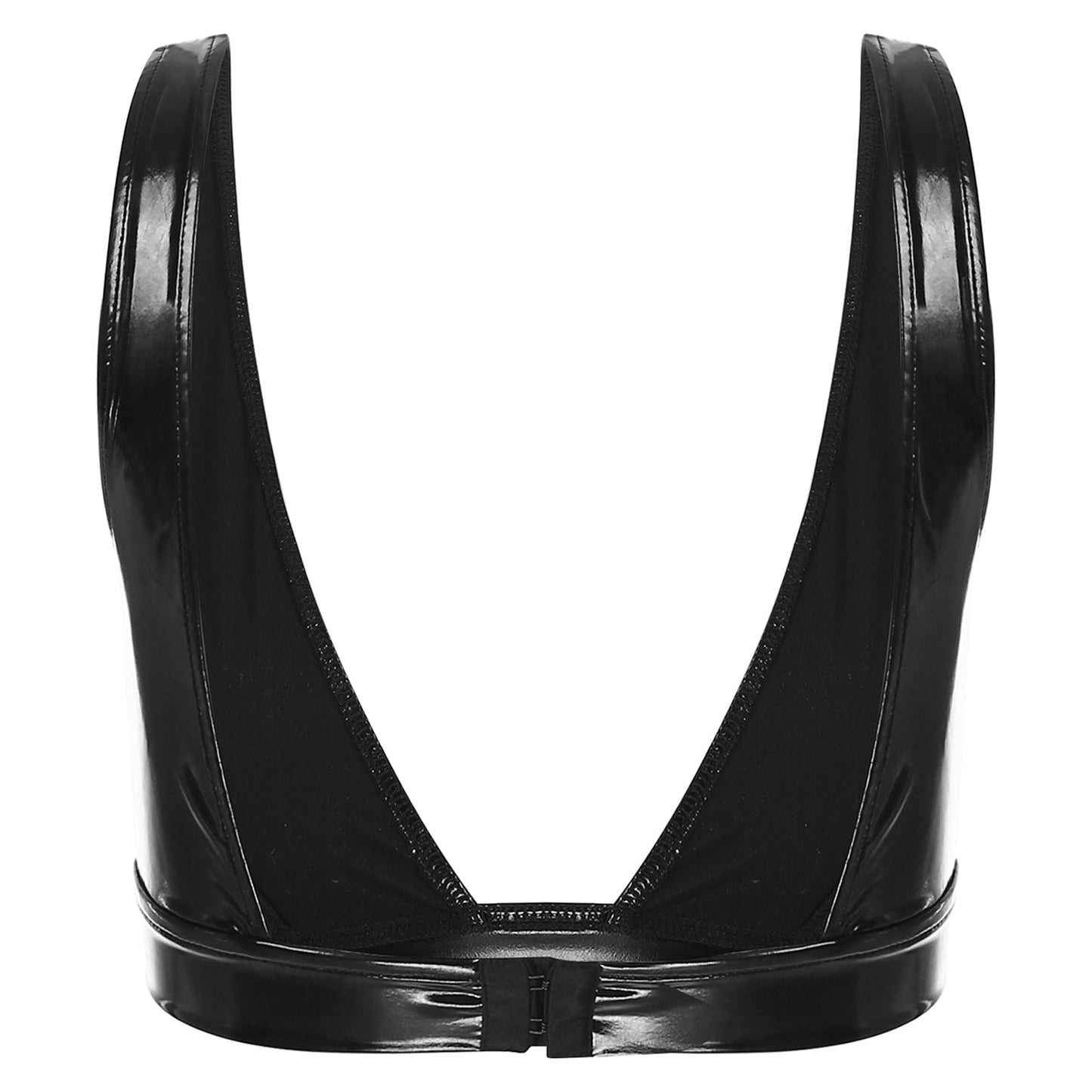 A deep-cut bra fastened at the back.