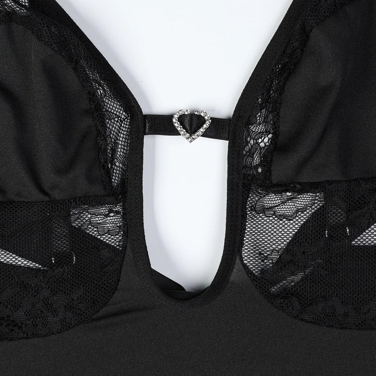 Body with a deep V-neckline adorned with rhinestones.