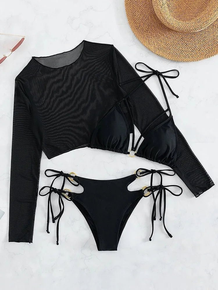 Three-piece swimsuit with a mesh top