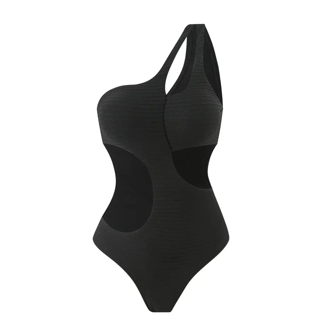 Asymmetrical one-piece swimsuit with cut-outs at the waist