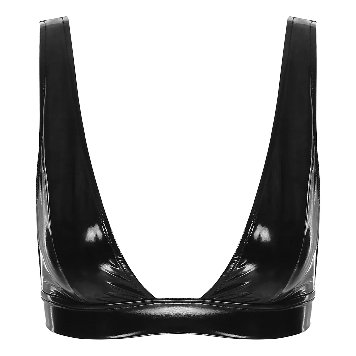 A deep-cut bra fastened at the back.