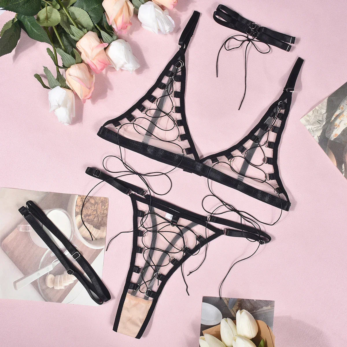 A set of lingerie made from sheer mesh material.