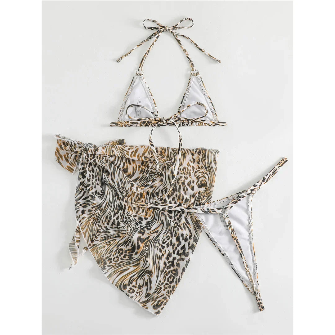 Two-piece leopard print swimsuit with a tie-up bikini top.