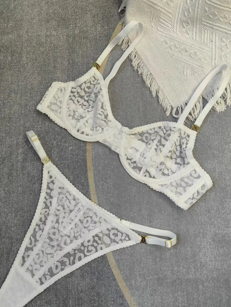 A set of lingerie in a leopard print design with adjustable straps.