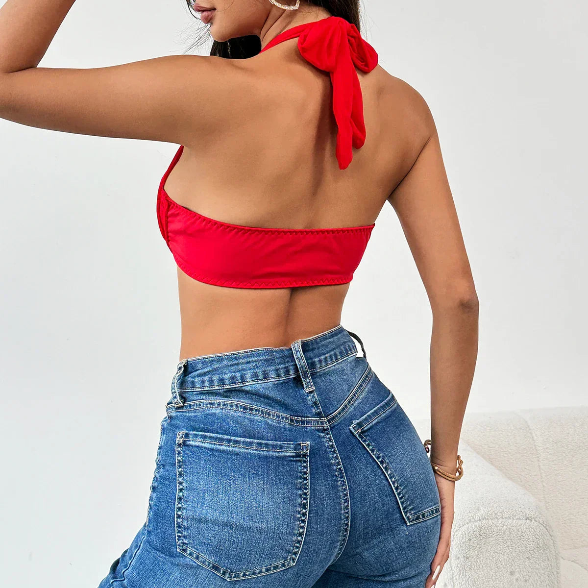 Neck-tie bra with lace trim