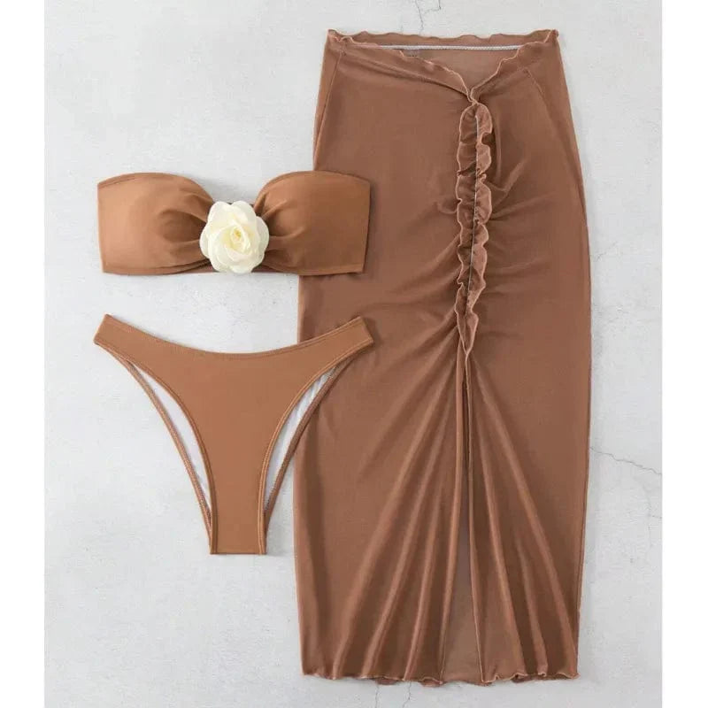 Two-piece swimsuit with a decorative rose