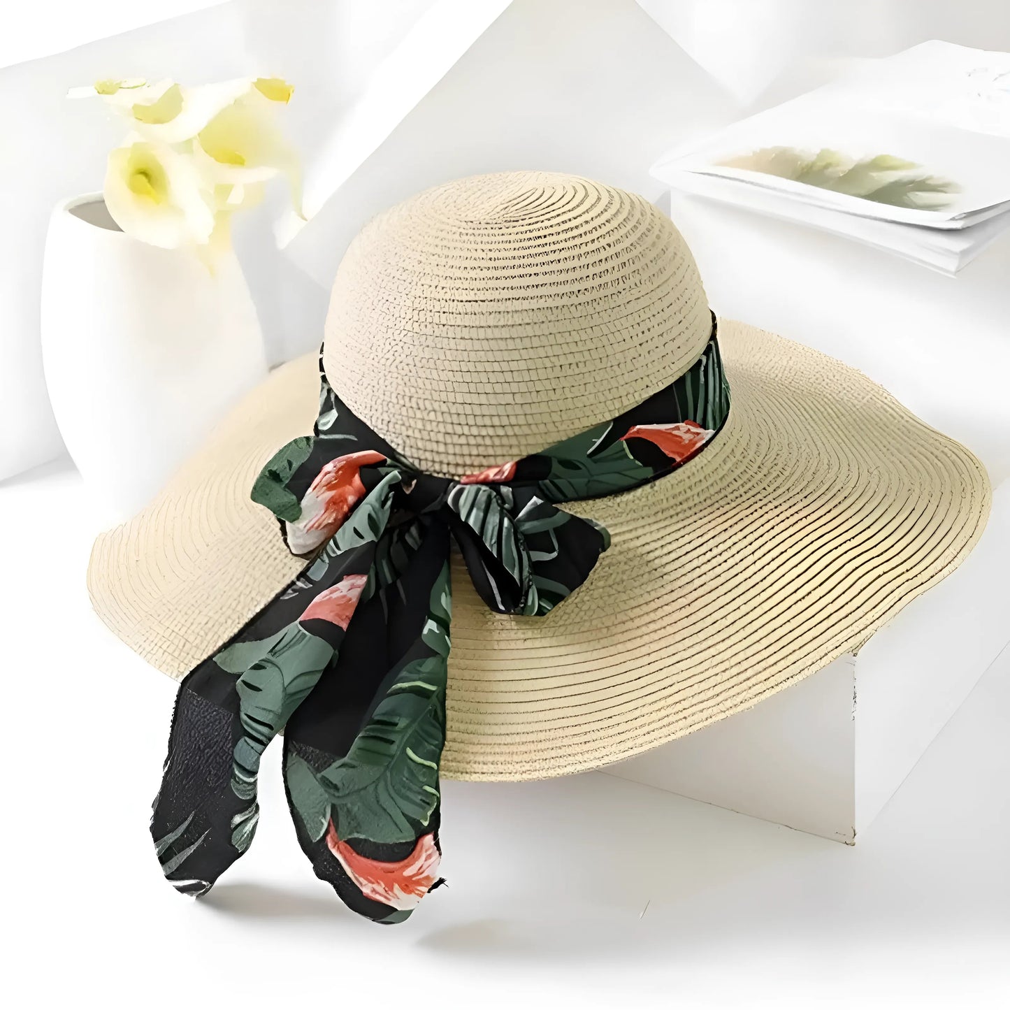 Beige 1 Decorative Ribbon Beach Hat