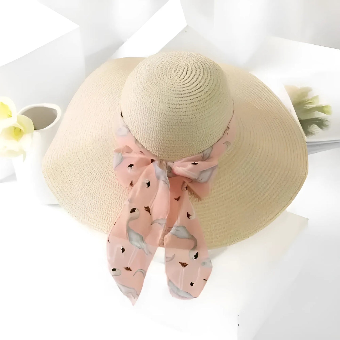 Beige 2 Decorative Ribbon Beach Hat