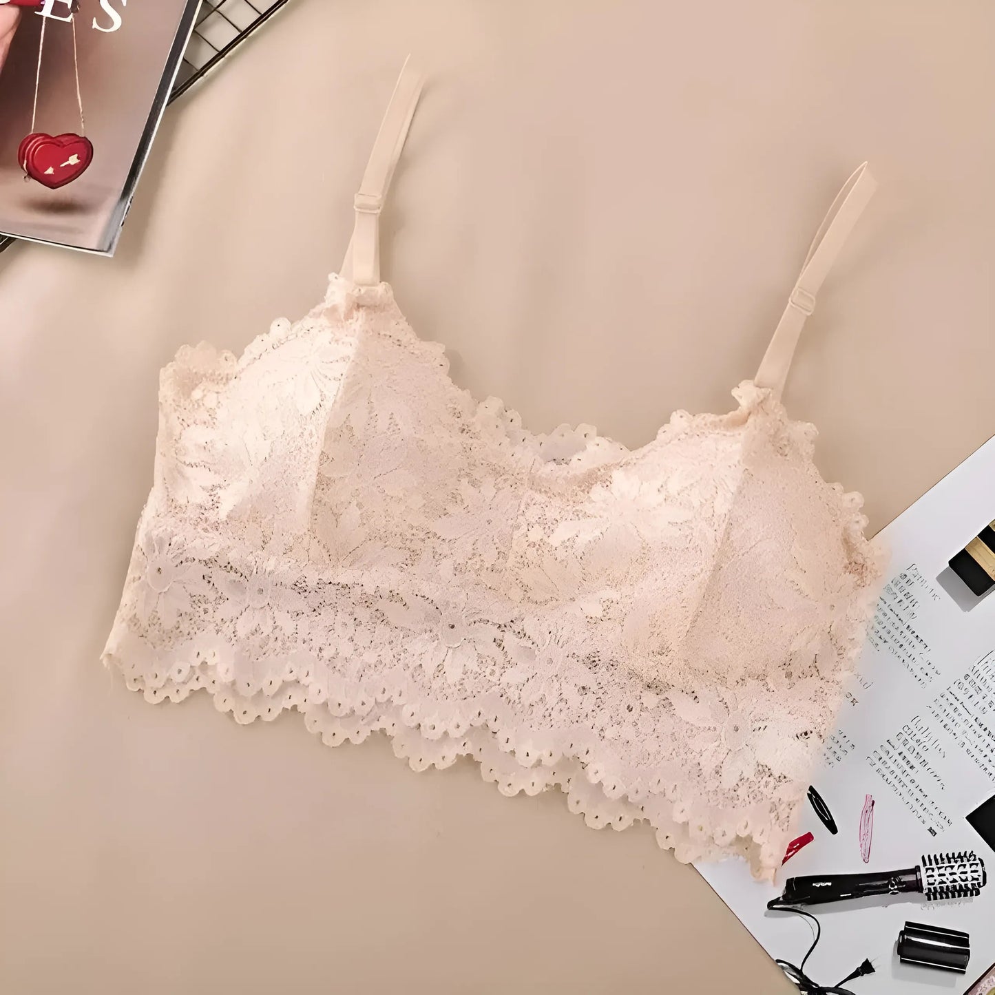 Beige Lace Bra with Low Rise Design