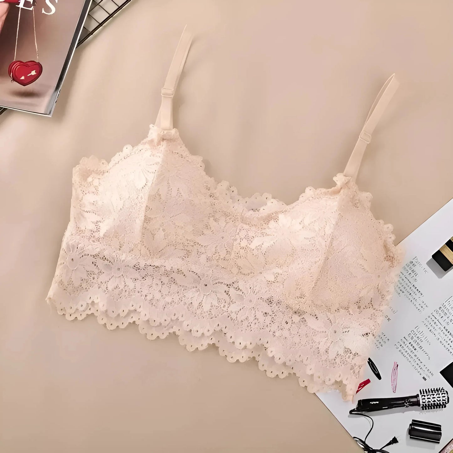 Beige Lace Bra with Low Rise Design