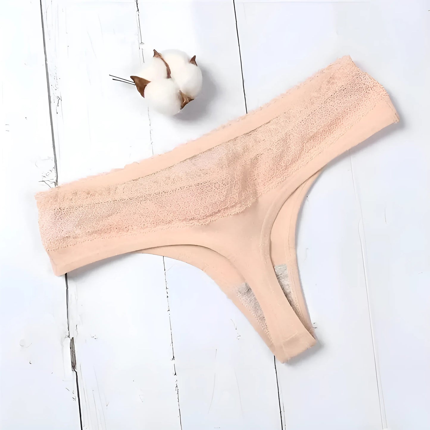 Beige Lace Trimmed String Thong
