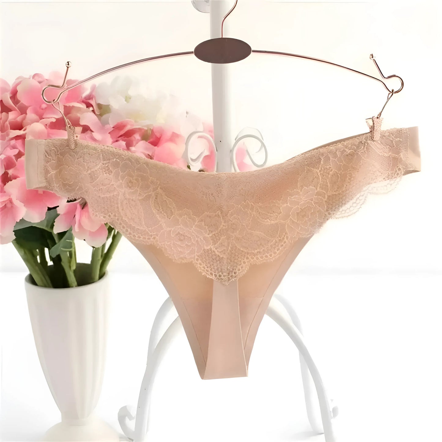 Beige Seamless String Briefs with Lace Back