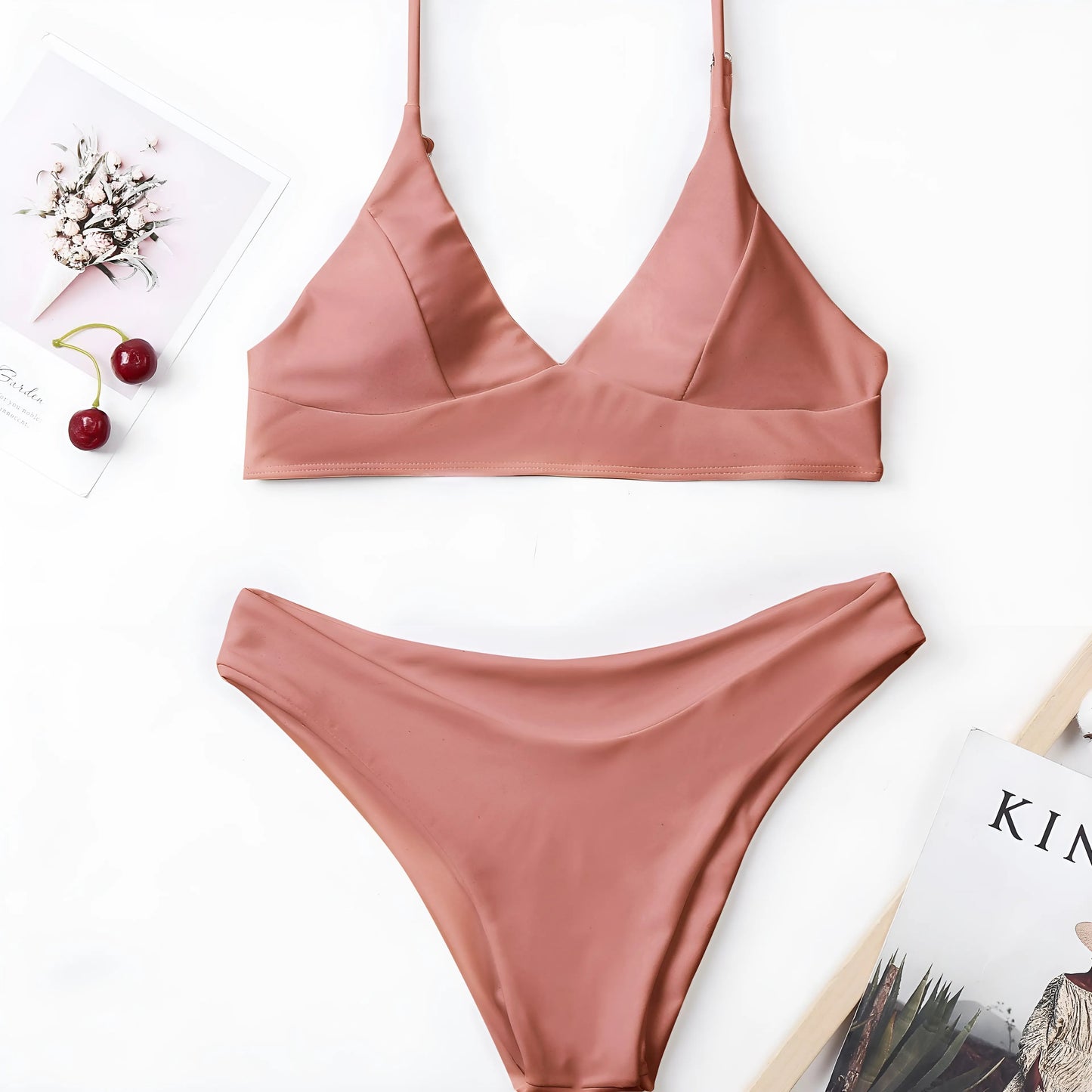 Beige Two-Piece Swimsuit with Thin Straps