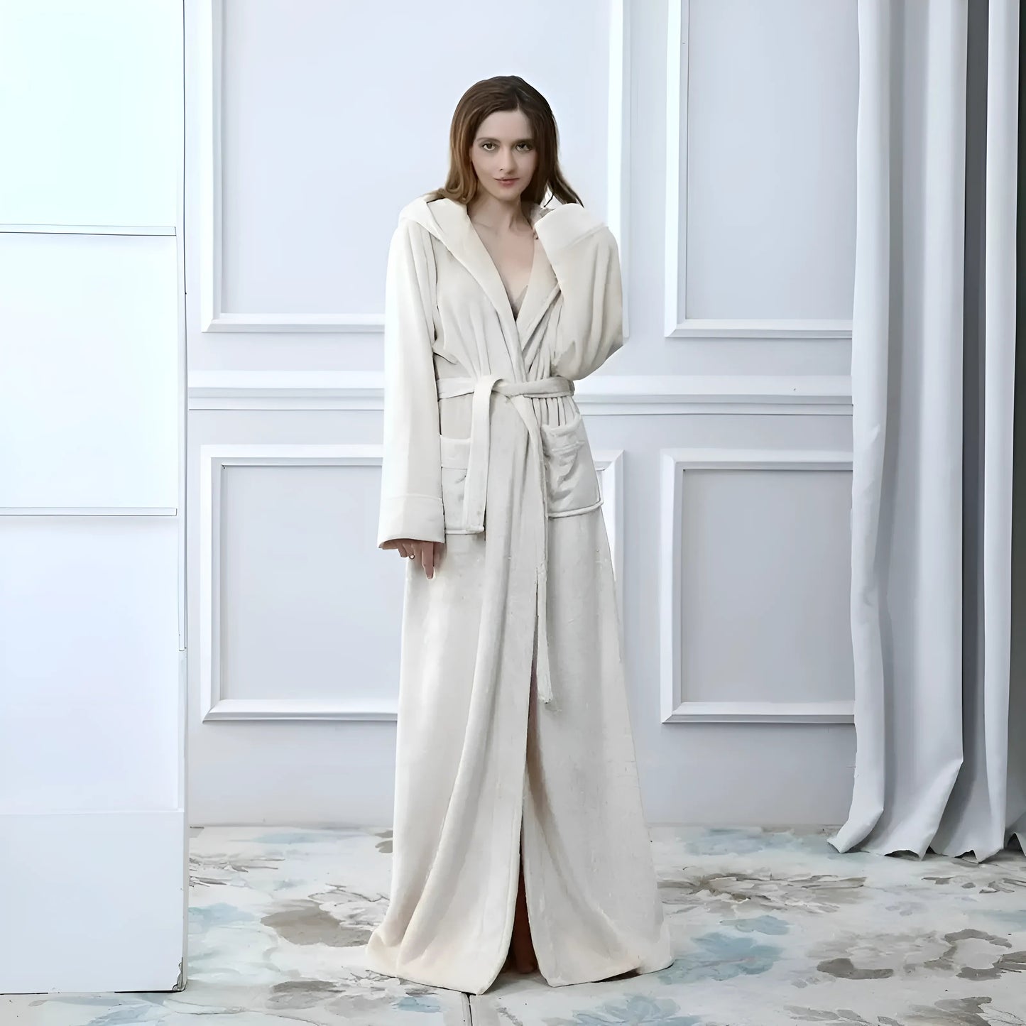 Beige Women's Hooded Fleece Robe