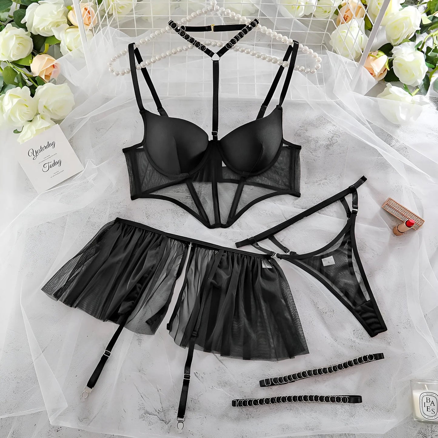 Black 3-Piece Lingerie Set with Decorative Frill