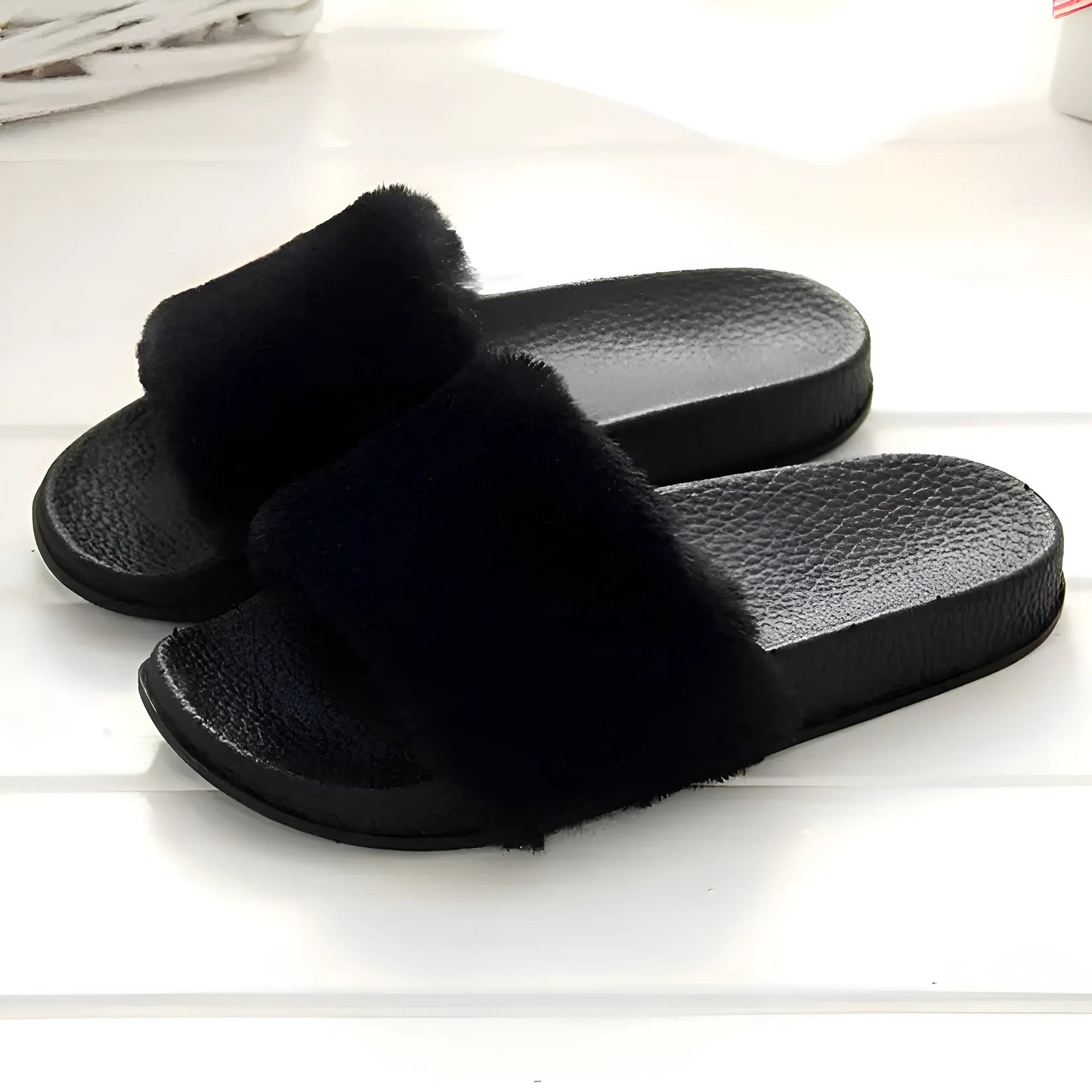 Black Faux Fur Slippers