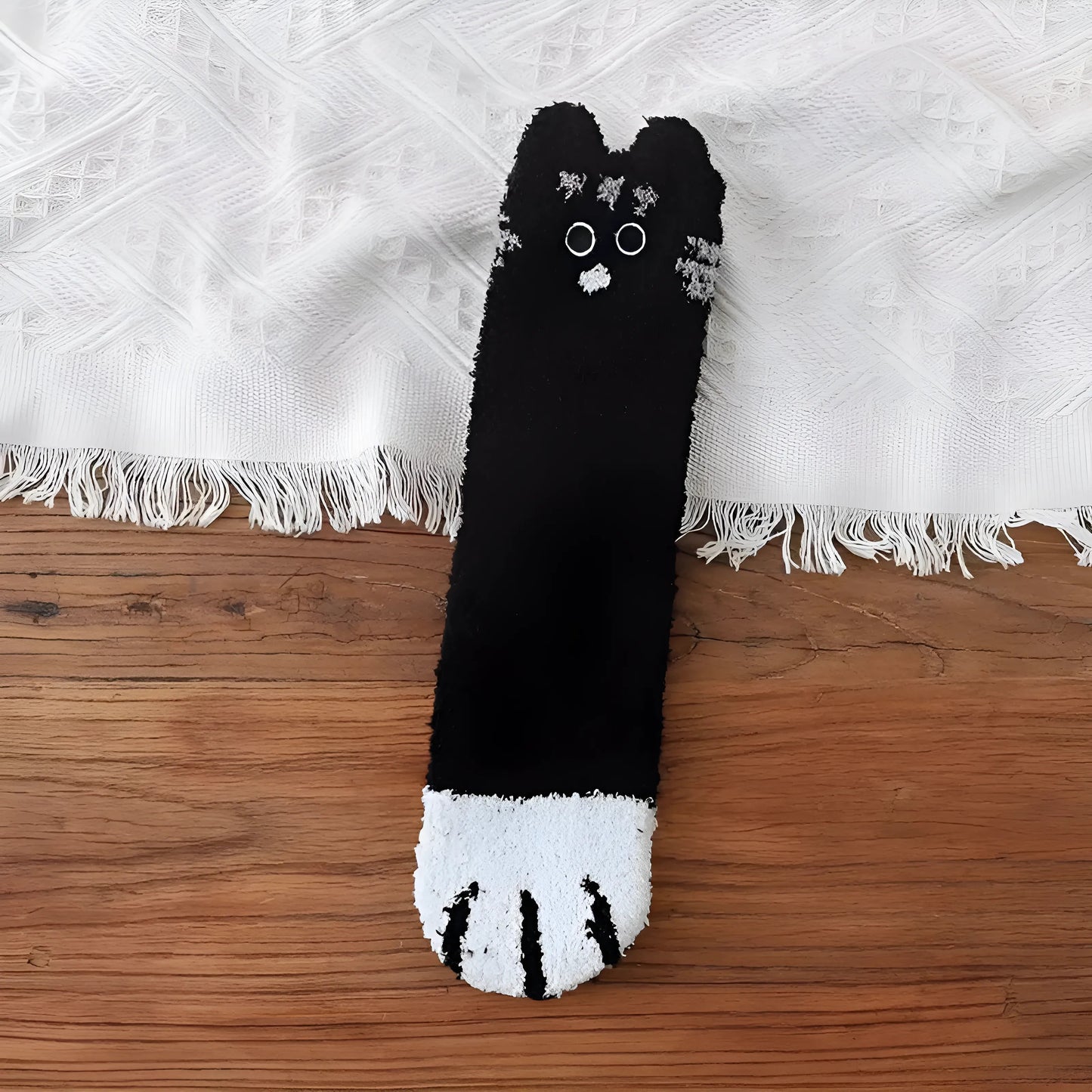 Black Fluffy Women's Socks with Cat Design
