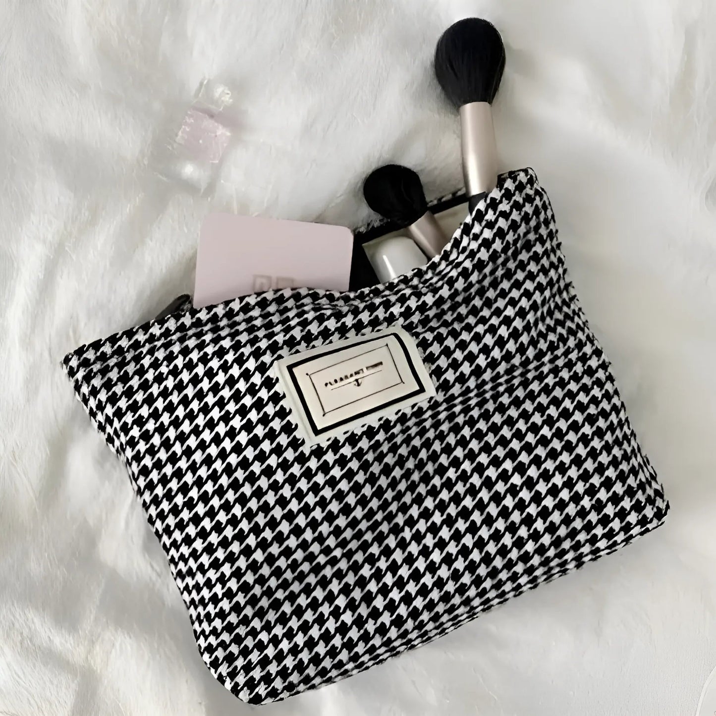 Black Houndstooth Fabric Makeup Bag