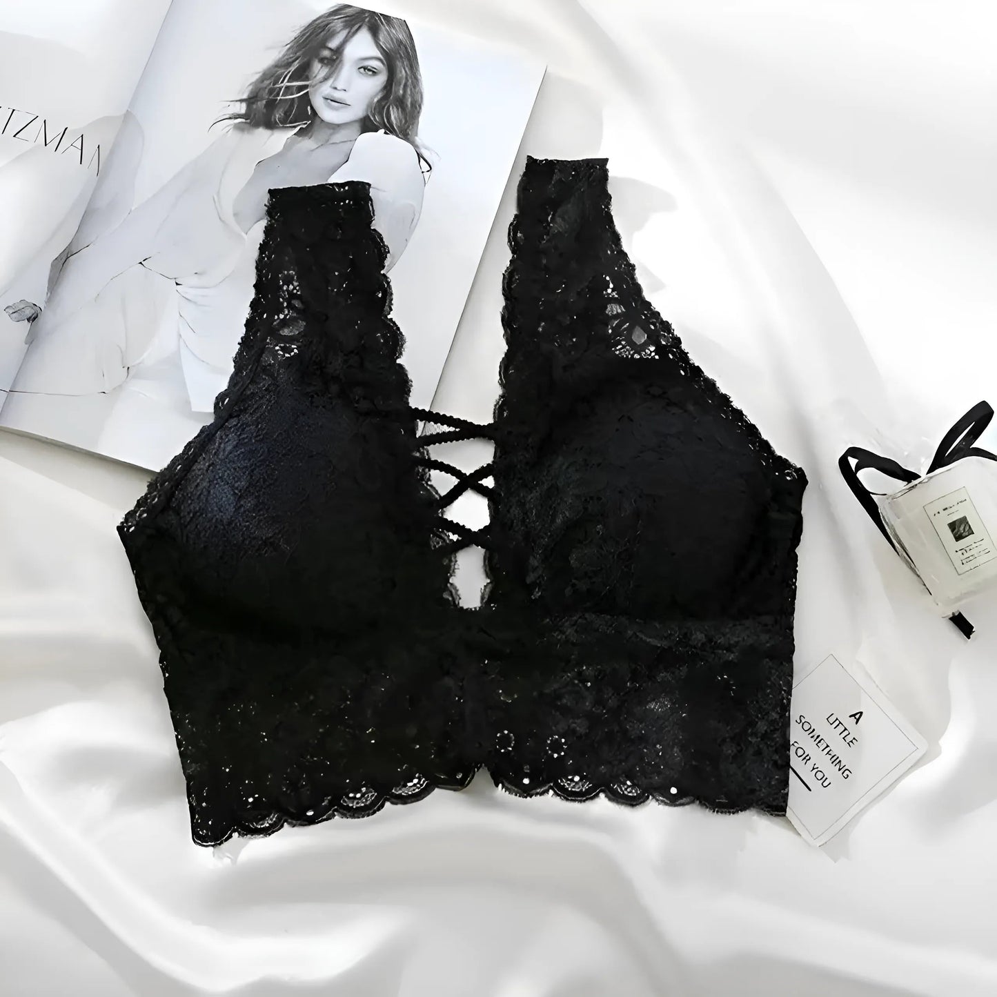 Black Lace Bralette with Straps on the Décolletage