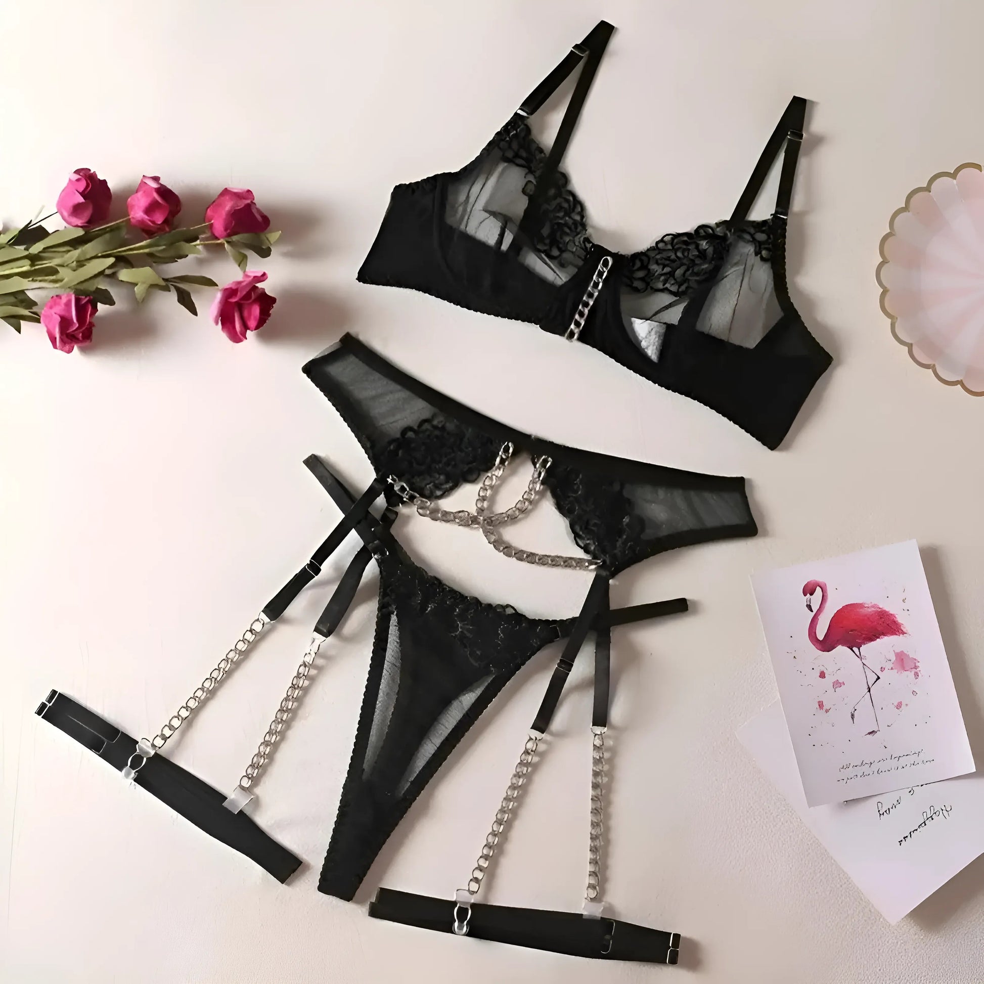 Black Lace Lingerie Set with Chains