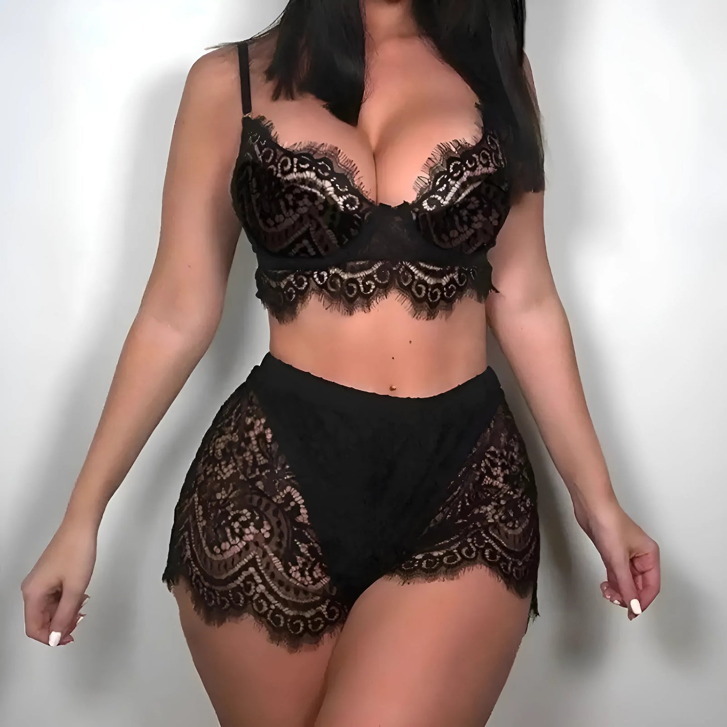 Black Lace Lingerie Set with Shorts