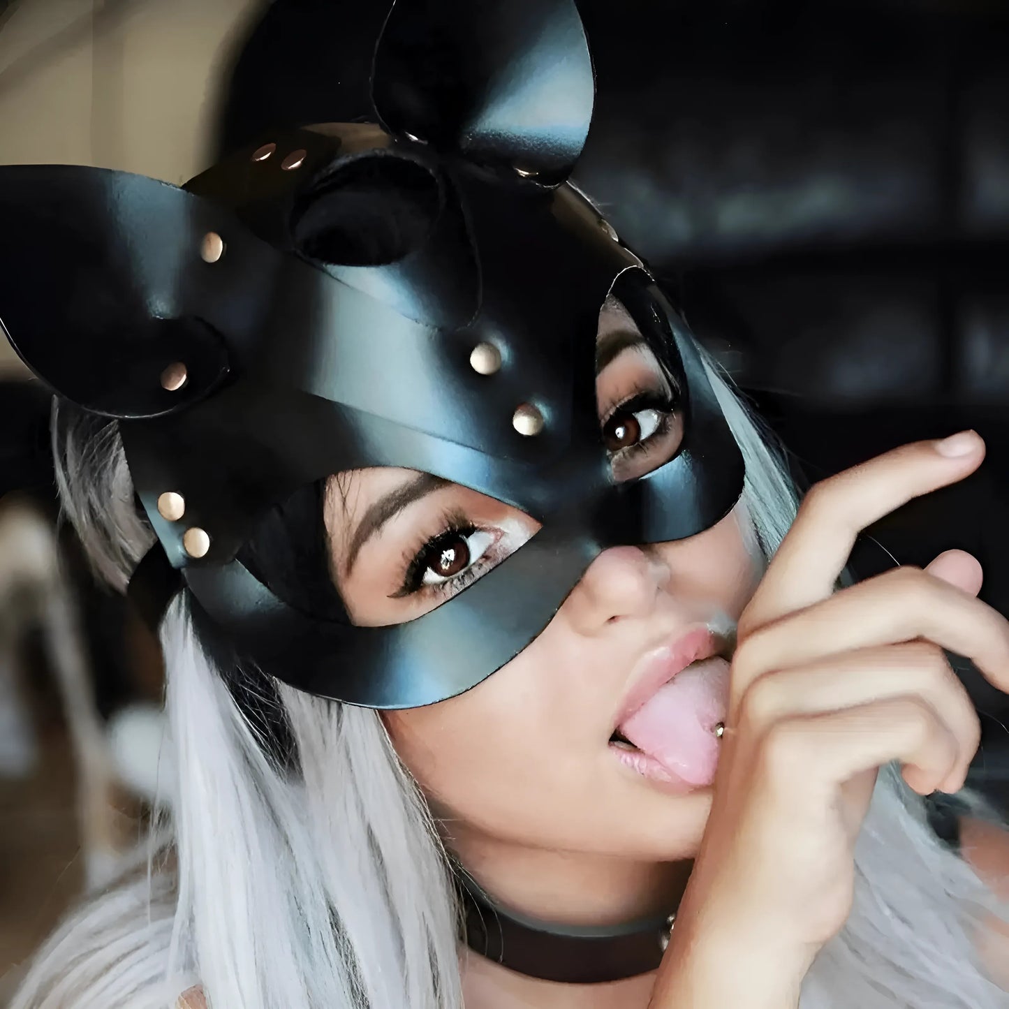 Black Leather Cat Mask with Ears