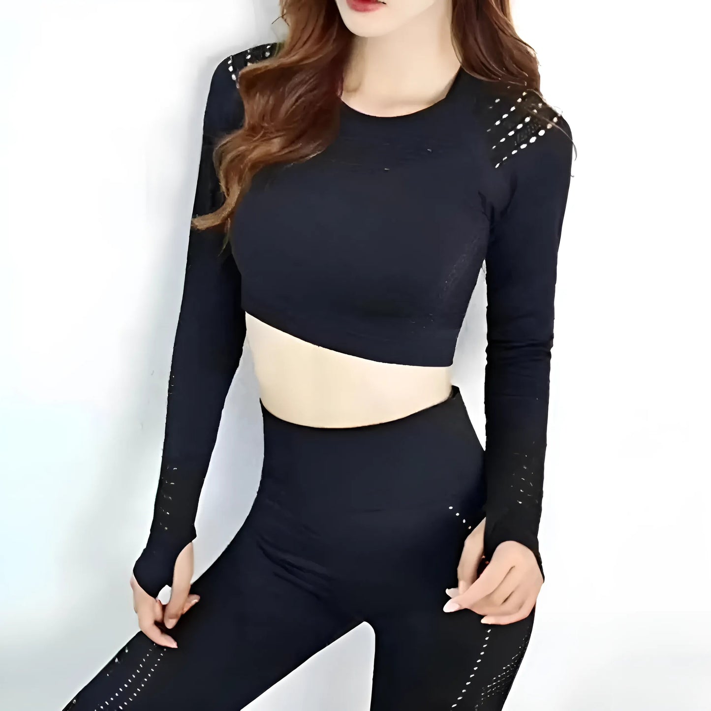 Black Long Sleeve Sports Top with Decorative Mesh