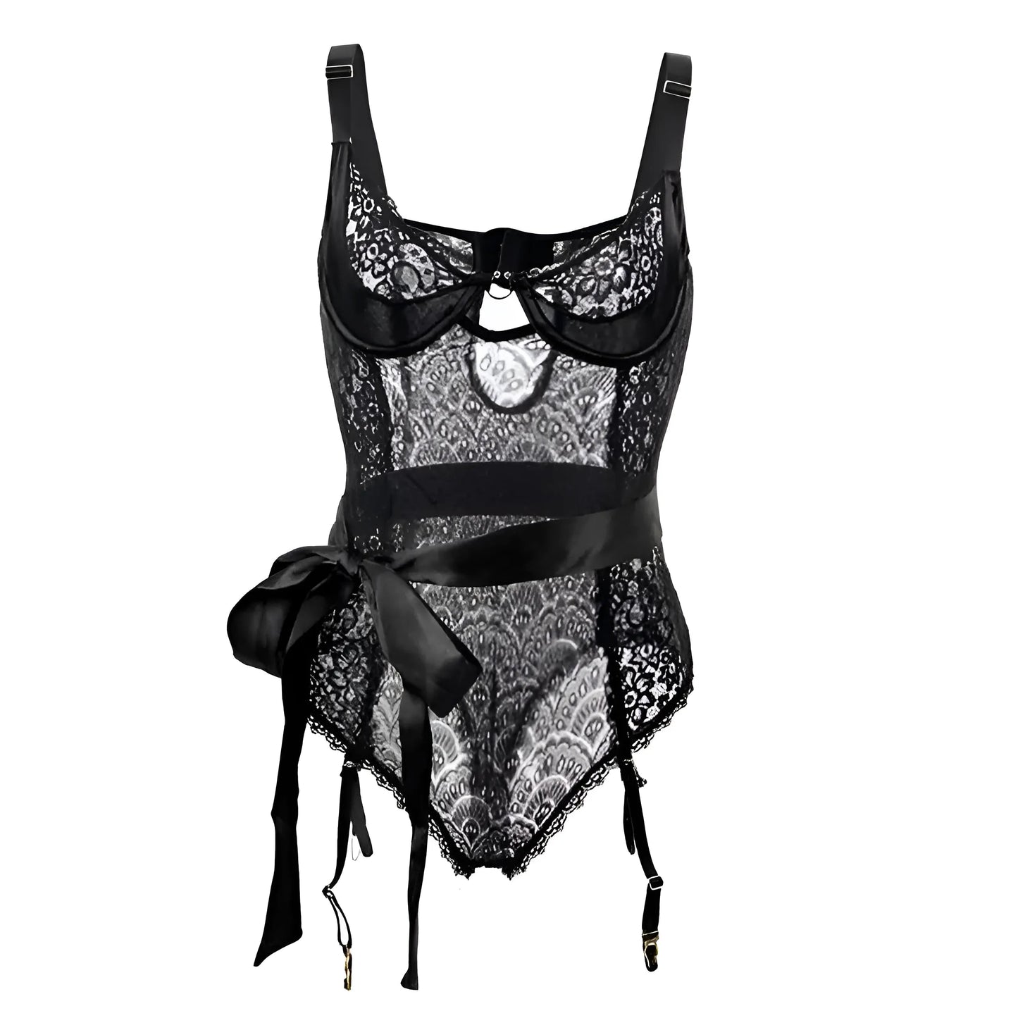 Black Plus Size Lace Bodysuit with Waist Strap