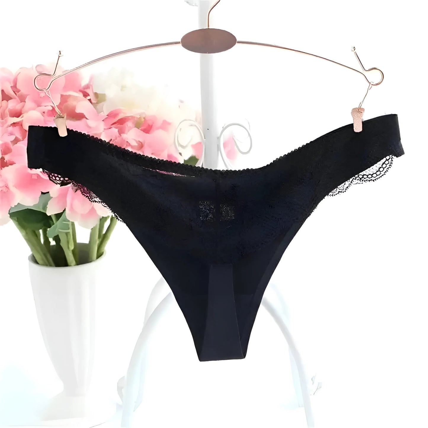 Black Seamless String Briefs with Lace Back