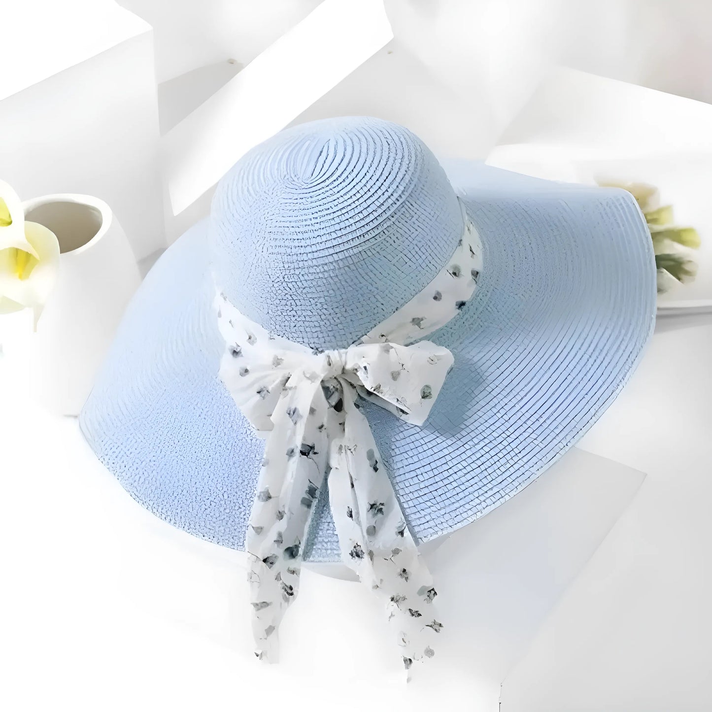 Blue Decorative Ribbon Beach Hat