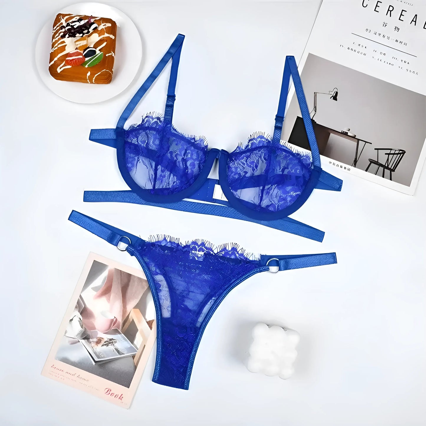 Blue Floral Lace Lingerie Set