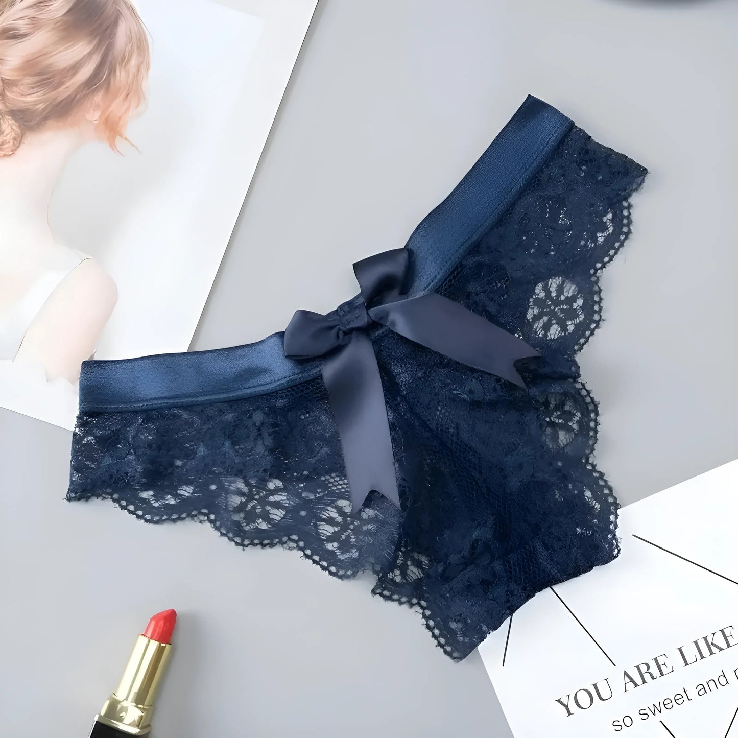 Blue Lace Knickers with Bow Detail at the Back