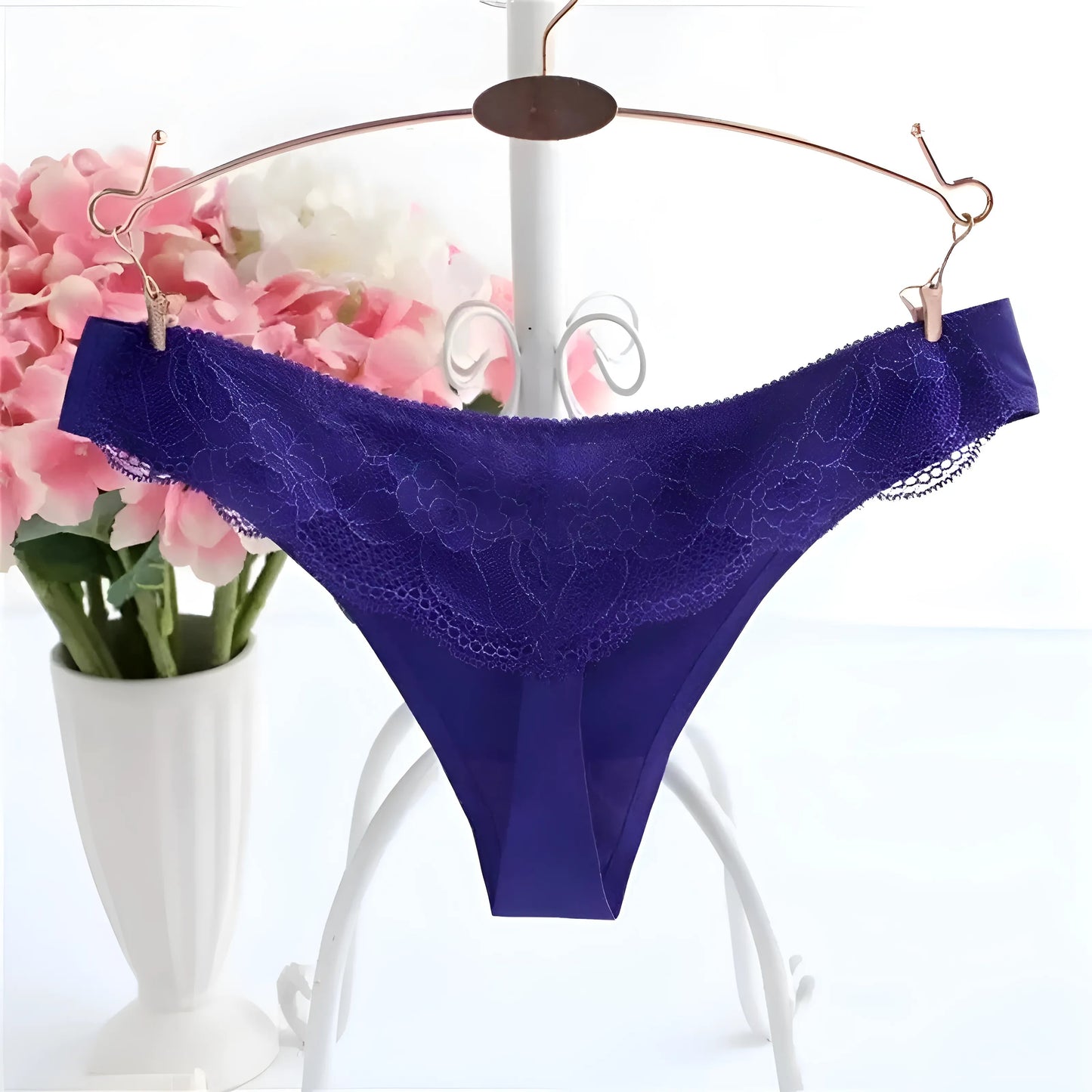 Blue Seamless String Briefs with Lace Back