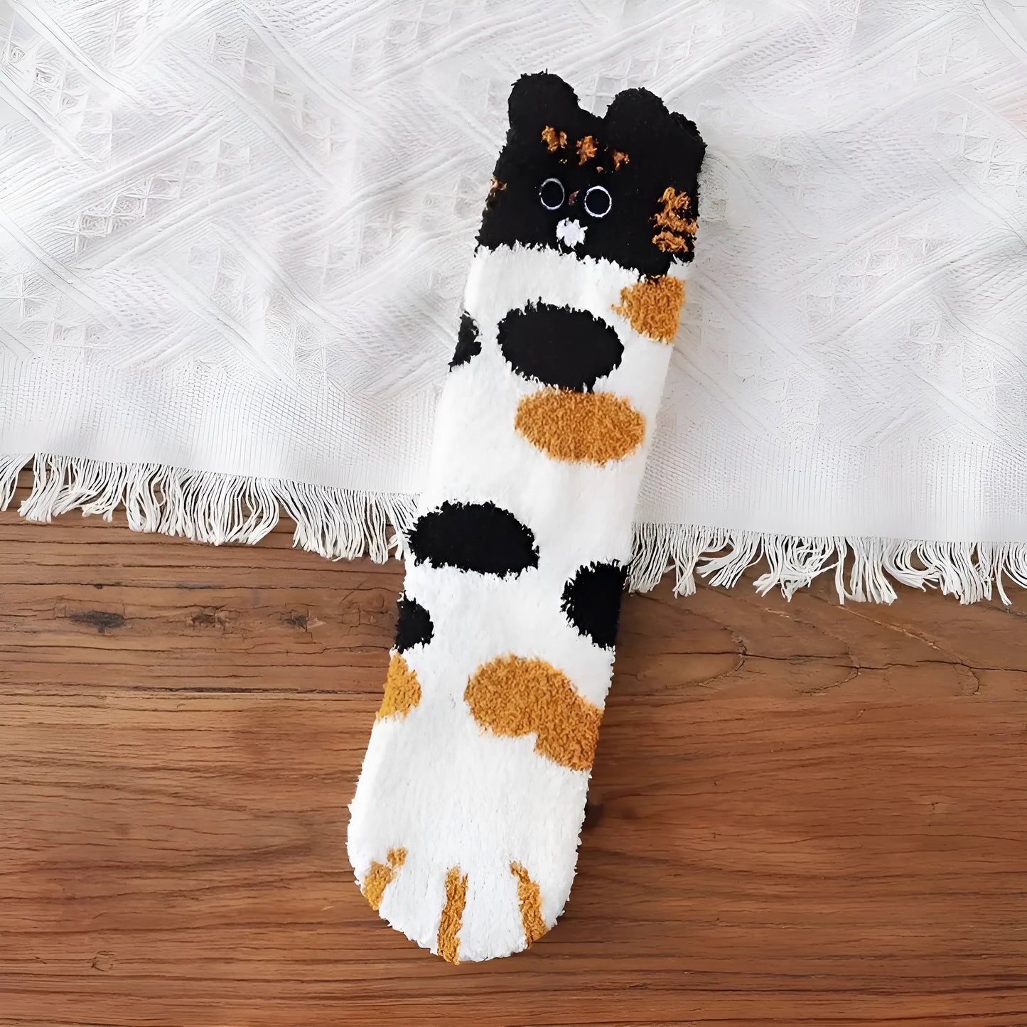 Brown-Black Fluffy Women's Socks with Cat Design