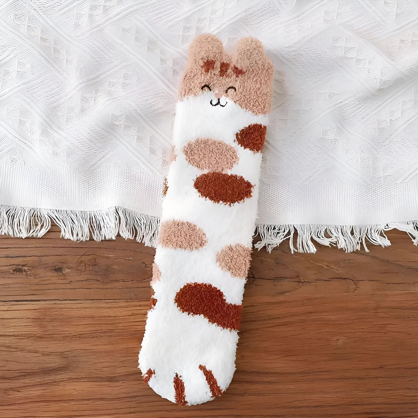 Brown Fluffy Women's Socks with Cat Design
