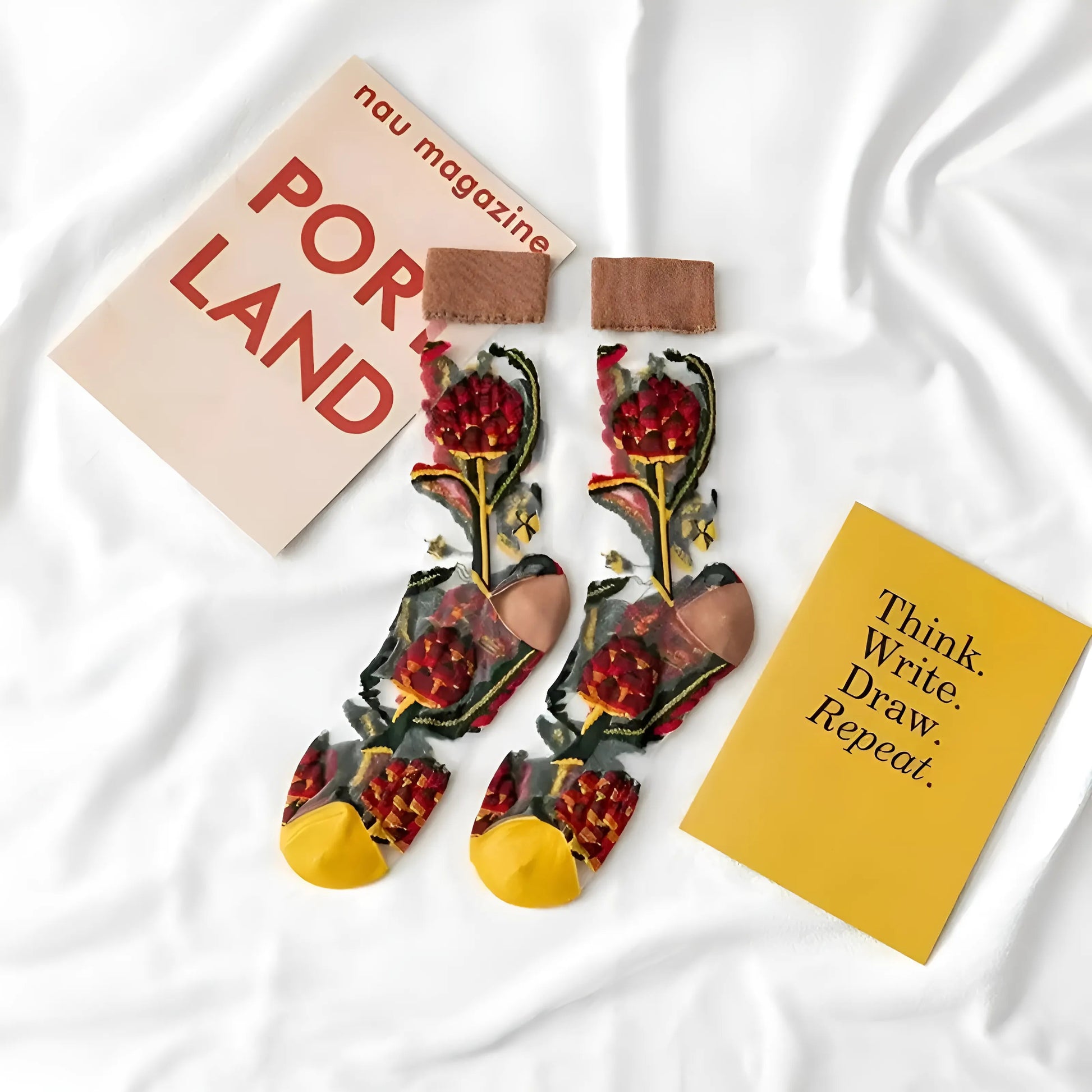 Brown Transparent Floral Patterned Socks