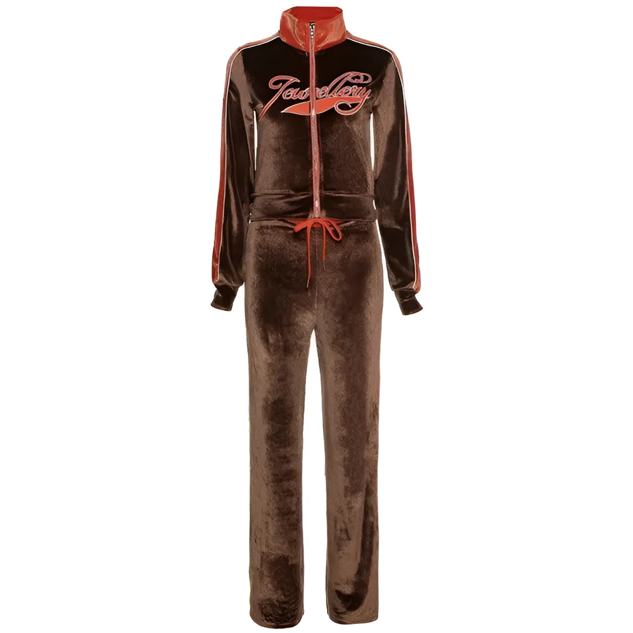 Brown Velvet Tracksuit Set with Text