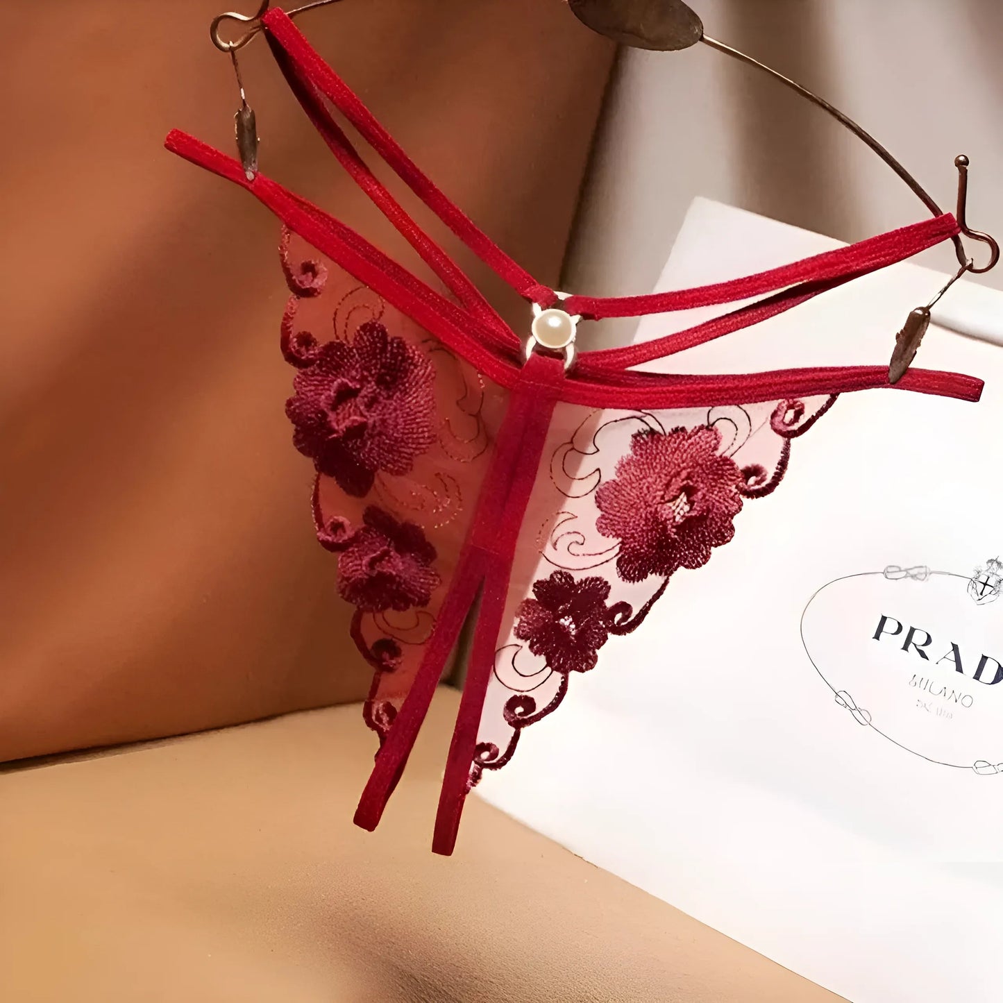 Burgundy Lace Knickers with Floral Design